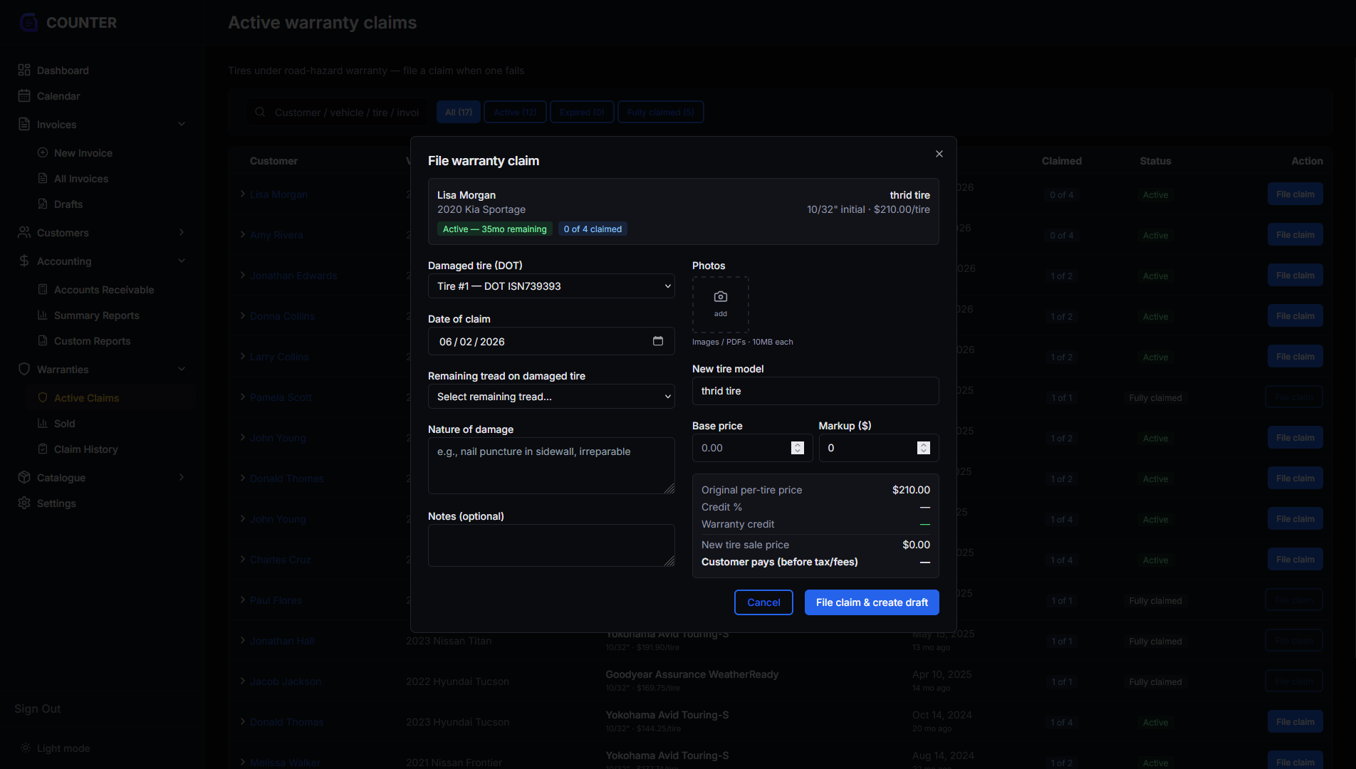 Tachlogic — tire warranty claim